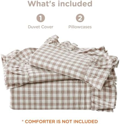 ATsense Gingham Ruffle Duvet Cover Set Cotton Like Linen, Oversized King