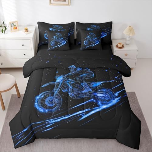 Feelyou Blue Neon Dirt Bike Comforter Set with Sheets 7 Piece King Motocross Bedding Set for Boys Girls Speed Racing Bed in a Bag Line Art Design Room Decor Extreme Sports Pattern Soft Lightweight