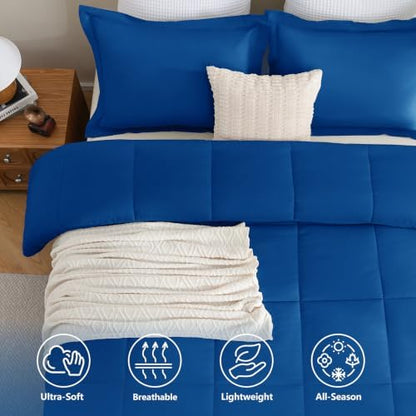 CozyLux Oversized Queen Comforter Set, 3-Piece Box-Stitched, Classic Blue
