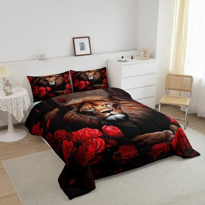 Lion Rose Comforter Set Queen Size,Tropical African Animal Bedding Set for Kids Teens Adults Room Decor,Wildlife Floral Nature Theme Duvet Insert 3Pcs,Red Flower Fierce Lion Quilt Set,2 Pillowcases