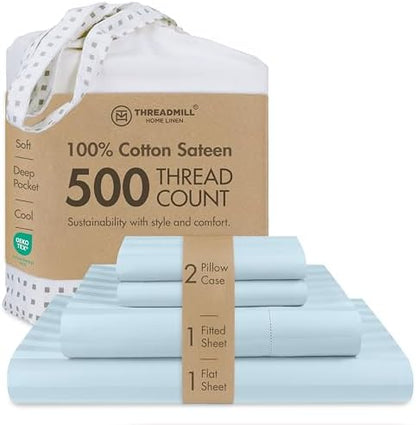 Threadmill 500TC Cotton Full Sheet Set, Damask Stripe, Light Blue, 4-Piece