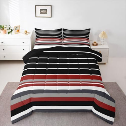 jejeloiu Black Red Gray Stripes Bedding Set Soft for Boys Girls, Geometric Comforter Set Full Size Modern Duvet Quilt Microfiber Luxury Bedroom Decor 3 Pcs with 2 Pillow Cases