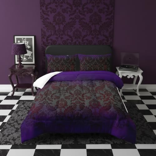 Black Purple Paisley Floral Victorian Gothic Comforter Set Twin，Gothic Bedding Set Twin Purple，with 1 Comforter with 2 Pillow Case，Halloween Room Decor for Bedroom