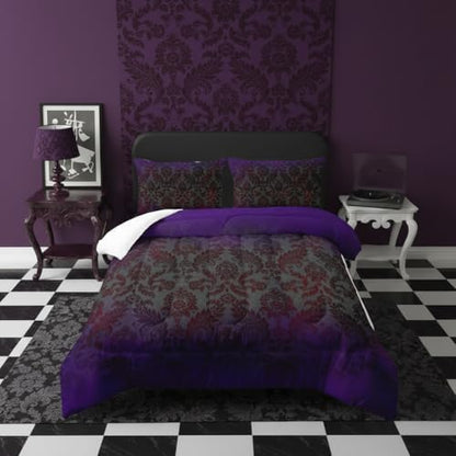 Black Purple Paisley Floral Victorian Gothic Comforter Set Twin，Gothic Bedding Set Twin Purple，with 1 Comforter with 2 Pillow Case，Halloween Room Decor for Bedroom