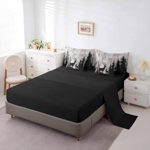 Erosebridal Deer Family Bedding Set Queen Retro Wooden Farmhouse Comforter Set 7 Piece Hunting Rustic Animal Bed in A Bag for Kids Adults Western Forest Wildlife Hunting Quilt with Flat Fitted Sheet
