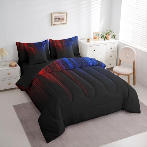 Feelyou Neon Blue Red Queen Comforter Set with Sheets for Kids Boys Girls Geometric 7 Pieces Bedding Set Ombre Bed in a Bag Room Decor Soft Lightweight Microfiber