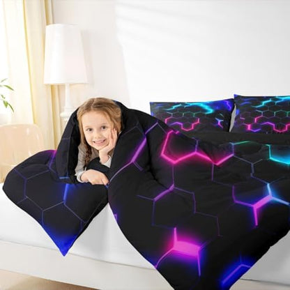 Castle Fairy 3D Honeycomb Comforter Set Queen Size,Hexagon Theme Quilt Set Pink Blue Neon Lights Bedding Set 3pcs,Kids Boys Teen Man Chic Creative Home Duvet Insert with 2 Pillowcases,Black