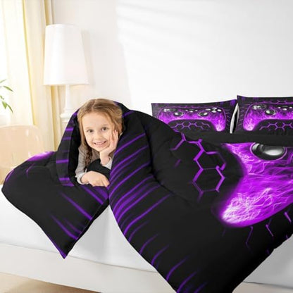 Erosebridal Ombre Art Honeycomb Gamer Comforter Sets for Boys Purple Neon Lights Game Console King Bedding Set Geometric Hexagon Beehive Duvet Insert Gaming Decor for Boys Bedroom Decor