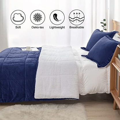 Sherpa Comforter Set Full Queen Size, Navy Blue Bedding Set with Shams