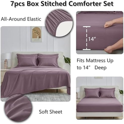 CozyLux King Size Comforter Set, 7-Piece Bed in a Bag, Dusty Purple