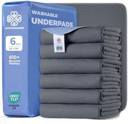 Accompagner Incontinence Bed Pads Washable Waterproof, Ultra-Absorbent Reusable Underpads for Diaper Changing, Nursing, Bedridden, Adults, Seniors, Kids and Dogs (Dark Gray, 36"x36"(Pack of 6))