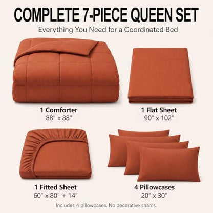 CozyLux Queen Comforter Set Terracotta - 7 Pieces Orange Bed in a Bag