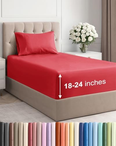 Extra Deep Twin Sheet Set - 3 Piece Breathable & Cooling Bed Sheets - Red