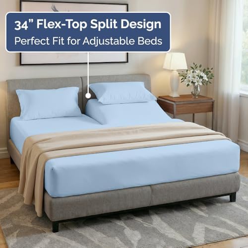 Flex Top Split Head King 4 Piece Sheet Set - Soft & Breathable - Sky Blue