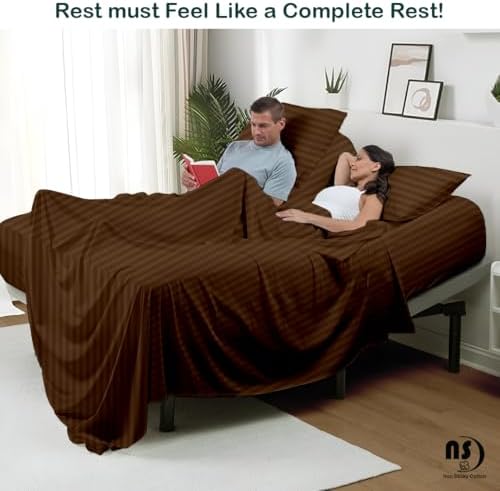 NON Sticky cotton Adjustable Split King Sheet Set for Sleep Number Beds, Premium 100% Long Staple Cotton Bedding, Two Twin XL 39" X 80" Fitted Sheets Fits Up to 18" Deep Mattress, Chocolate Stripe