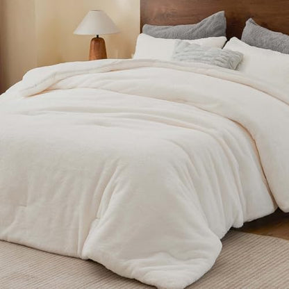 BEDELITE Faux Fur Queen Comforter Set Cream,Warm Bedding with 2 Pilowcases