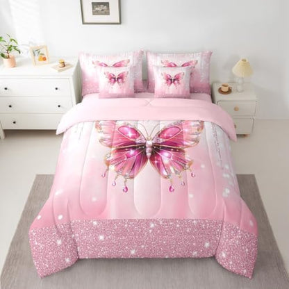 Feelyou Pink Butterfly Comforter Set with Sheets 7 Piece Queen Size Dreamy