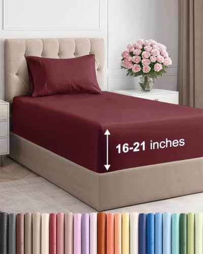 Extra Deep Pocket Twin XL Size Sheet Set - Breathable & Cooling - Burgundy