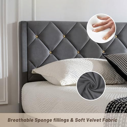 Queen Size Platform Bed Frame with Velvet Headboard