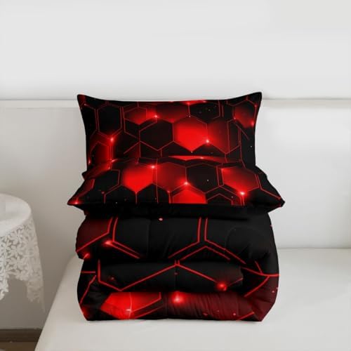 Feelyou Honeycomb Bedding Set Queen Size, Beehive Geometric Black Red Comforter Set Geometrical Comforter for Kids Boys Girls Teens Geometric Honeycomb Duvet Set Durable Quilt Set Queen Size