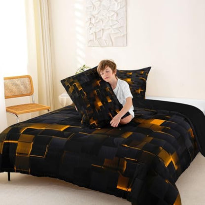 Erosebridal Black and Orange Comforter Set Twin Neon Geometric Checkered Bedding Set for Kids Boys Adults Men,Stereoscopic Grid Plaid Comforter Glowing Square Bed Duvet Set 2 Pcs