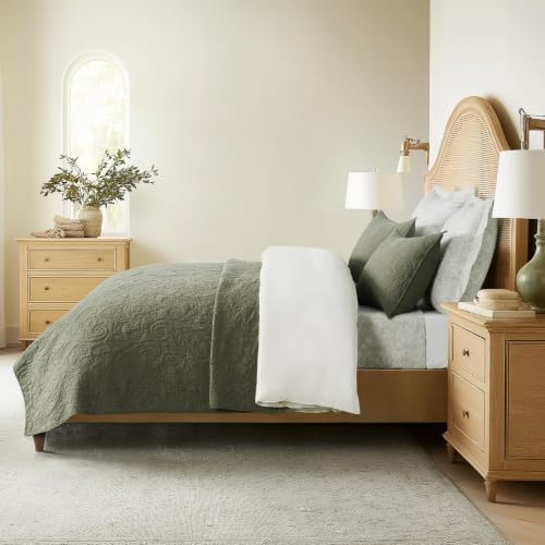 EVERGRACEHOME 100% Cotton Paisley Quilt Set, Oversized King, Olive Green