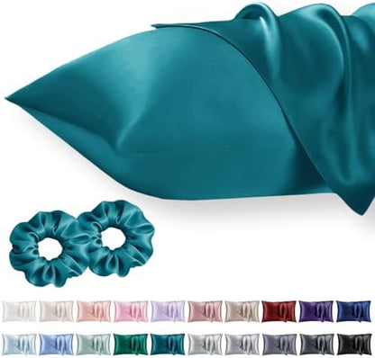 Vielit Standard Satin Pillowcase for Hair 2pc,Similar to Silk Pillow Cases, for Women Men,Teal,20x26 & Envelope Closure and 2 Satin Scrunchies