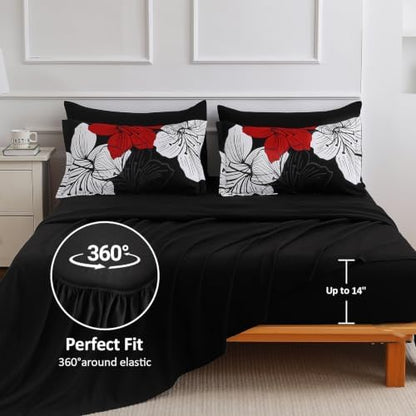 Luxudecor Red Black Comforter Set King Size, 7 Pieces Floral Bed in a Bag