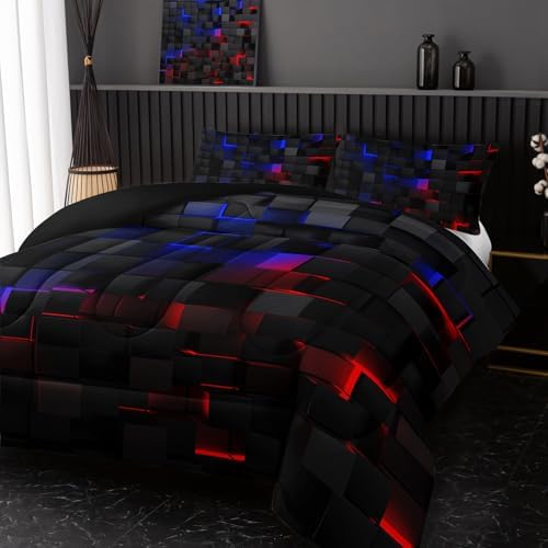 Nttopship Neon Blue and Red Black Comforter Set Twin Geometric Kids Bedding Set,3 PCS Geometry Honeycomb Modern Room Decor Quilt Set 1 Comforter 2 Pillow Cases All Season B-Side Black