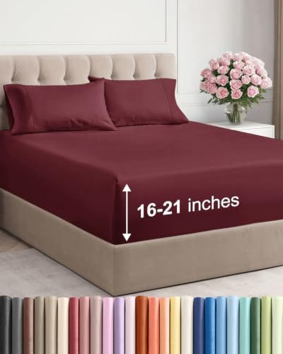 Extra Deep Pocket King Size Sheet Set - Breathable & Cooling - Burgundy