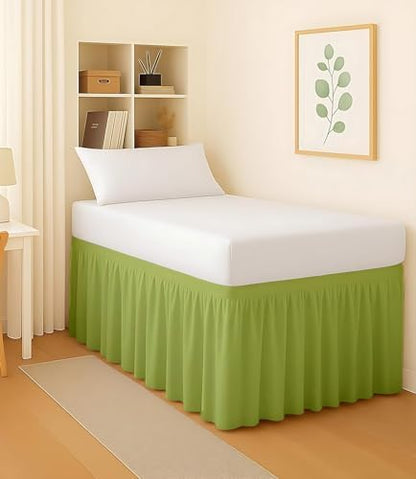 Dorm Bed Skirt Twin XL 32 Inch Drop, Easy to Install Extra Long Wrap Around Elastic Dust Ruffle, Bedskirt Solid Silky Fabric Machine Washable, Ruffled College Dorm Room Sage