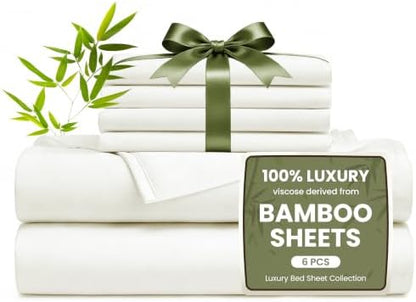 Love's cabin 6 Piece Queen Sheet Set, 100% Rayon Derived from Bamboo, Cooling & Breathable, Soft Silky Deep Pocket up to 16", Hotel Luxury Bedding for Hot Sleepers, White