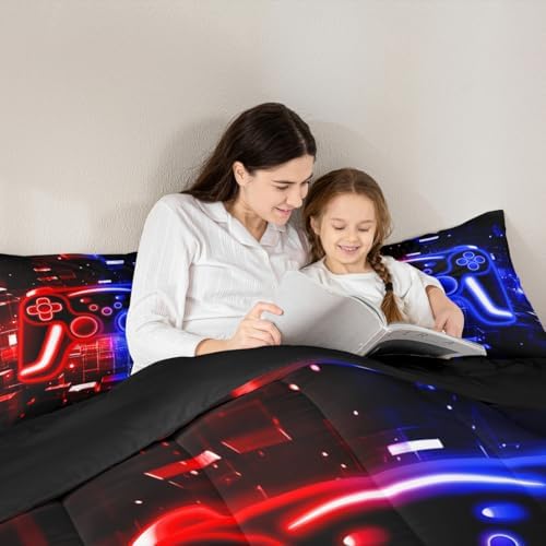 Gamer Comforter Set Gaming King Bedding Set, Neon Lights Video Game Console Comforter Red Blue Brick Cube Duvet Insert,Gaming Room Decor for Boys