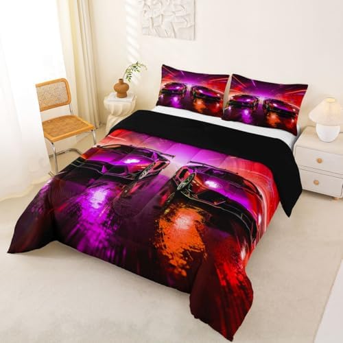 Feelyou Boys Sports Car Comforter Set King Size Racing Car Bedding Set for Kids Boys Girls Speed Race Sports Duvet Quilt Racing Extreme Sports Bedroom Decor Microfiber 3 Pcs with 2 Pillow Cases