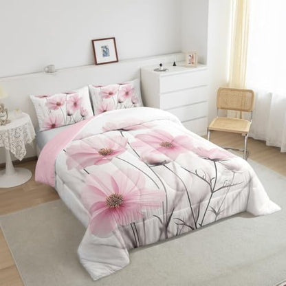 jejeloiu Floral Flower Comforter Set Queen Size Kids Pink Wildflower Bedding Set for Boys Girls Teens Botanical Duvet Breathable Minimalist Aesthetics Quilt Bedroom Decor,1 Comforter with 2 Pillowcase