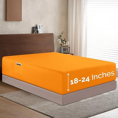 Elegant Comfort 1500 Premium Hotel Quality 18-24 Inches Deep - Extra Deep Pocket Single Fitted Sheet for High Mattress, Luxury and Softest, Smart Pocket - Wrinkle Free, Full, Orange
