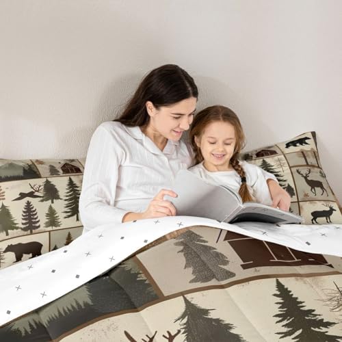 jejeloiu Bear Bedding Set Soft for Boys Girls, Deer Hunting Comforter Set Queen Size Wild Animal Duvet Quilt Microfiber Bedroom Decor 3 Pcs with 2 Pillow Cases