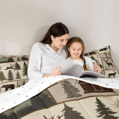jejeloiu Bear Bedding Set Soft for Boys Girls, Deer Hunting Comforter Set Queen Size Wild Animal Duvet Quilt Microfiber Bedroom Decor 3 Pcs with 2 Pillow Cases