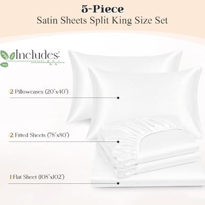 SiinvdaBZX 5-Piece Ivory White Satin Sheets Split King Size Set