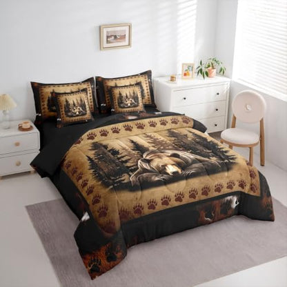 Erosebridal Grizzly Bear Bedding Set Queen Vintage Woodland Animal Comforter Set 7 Piece Hunting Wildlife Bear Paw Bed in A Bag for Kids Adults Farmhouse Forest Cabin Quilt with Flat Fitted Sheet
