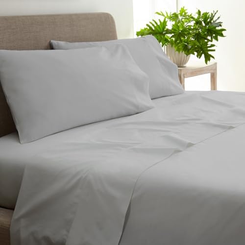 100% Organic Cotton Sheets Cal King - GOTS Certified Cotton Percale Sheets with Crisp Cool & Breathable Percale Weave Perfect for Hot Sleepers - Durable Luxury 4 Piece Set (Silver, Queen)