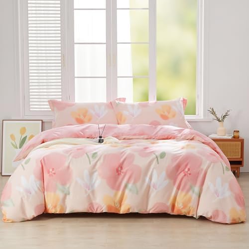 SAPHREAS Pink Floral Duvet Cover Set 2pcs Twin Size Botanical Bedding Comforter Cover Set 100% Cotton 1 Duvet Cover 68"x90" 1 Pillow Sham, Comforter Not Included