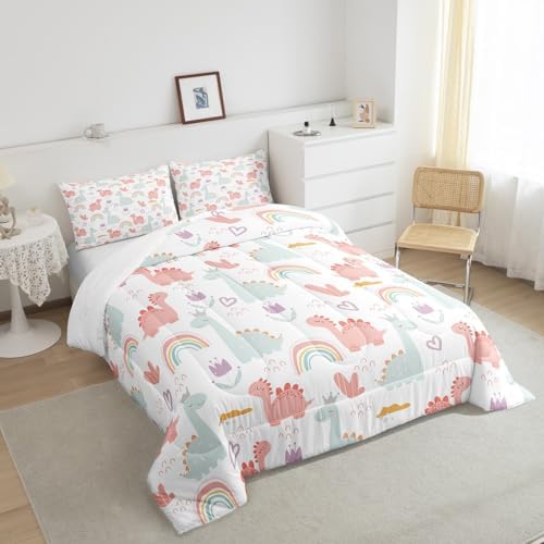 Feelyou Cartoon Dino Comforter Set Queen, Pink Green Dinosaur Comforter Cute Jungle Dino Comforter Set for Kids Boys Girls Cute Rainbow Duvet Set Microfiber Quilt Set