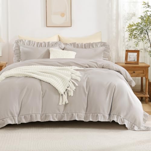 Andency Linen Ruffle Duvet Cover Queen, Shabby Chic Farmhouse Bedding Set