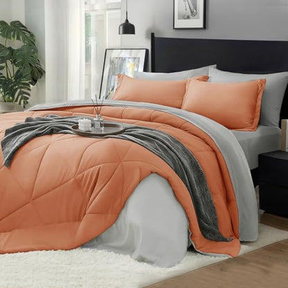 BEDELITE King Comforter Set 7 Pieces, Reversible Burnt Orange Bed in A Bag
