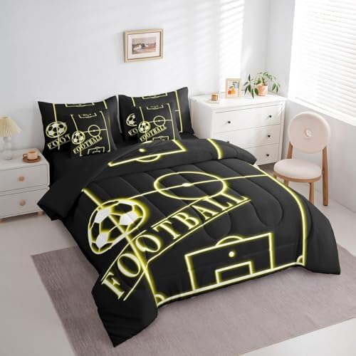 Erosebridal Sport Bedding Twin Size 7Pcs for Toddler Kids Soccer Comforter Set for Boys Girls, Black Yellow Bedding Comforter Sets Gold Gradient Neon Bed in a Bag, Sports Themed Bedding Accessories