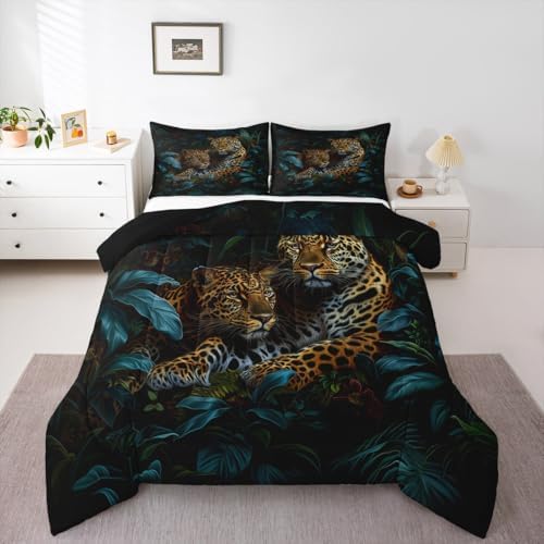 Jungle Cheetah Kids Comforter Set Full Size,Palm Leaves Tropical Plant Botanical Bedding Set,Girls Boys Room Decor,Wildlife Leopard Animal Quilt Comforter,Brown Rustic Duvet Insert,2 Pillowcases