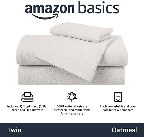 Amazon Basics 3 Piece Breathable, Stretchy 100% Cotton Jersey Knit Bed Sheet Set, Includes Flat and Fitted Sheets, Pillowcase, Light Weight, Machine Washable, Twin, Oatmeal, Solid