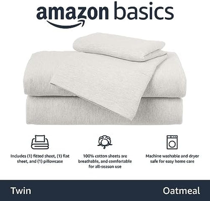 Amazon Basics 3 Piece Breathable, Stretchy 100% Cotton Jersey Knit Bed Sheet Set, Includes Flat and Fitted Sheets, Pillowcase, Light Weight, Machine Washable, Twin, Oatmeal, Solid