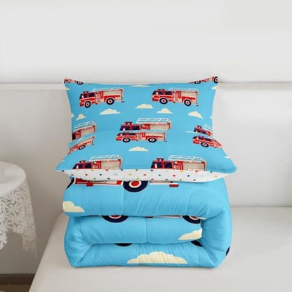 Erosebridal Cartoon Fire Truck Bedding Set Toddler, Red Firemen Car Comforter Set, White Cloud Blue Sky Comforter for Kids Men Teens Boys Room Decor, Fire Engine Quilt with 1 Pillowcase, Microfiber